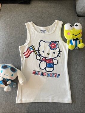 Y2K Hello Kitty White Tank Top (Girls Large/Women’s XS) - American Flag Graphic